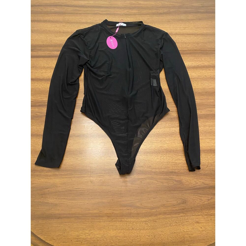 NWT Avidlove Sheer Black Mesh Zip Front Long Sleeve Bodysuit‎ Medium Baddie Goth